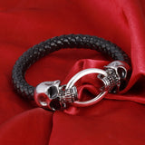 Stainless Steel Leather Link Skull Bracelet