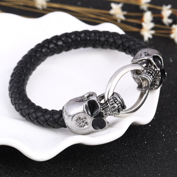 Stainless Steel Leather Link Skull Bracelet