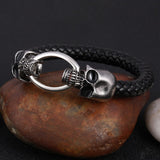 Stainless Steel Leather Link Skull Bracelet