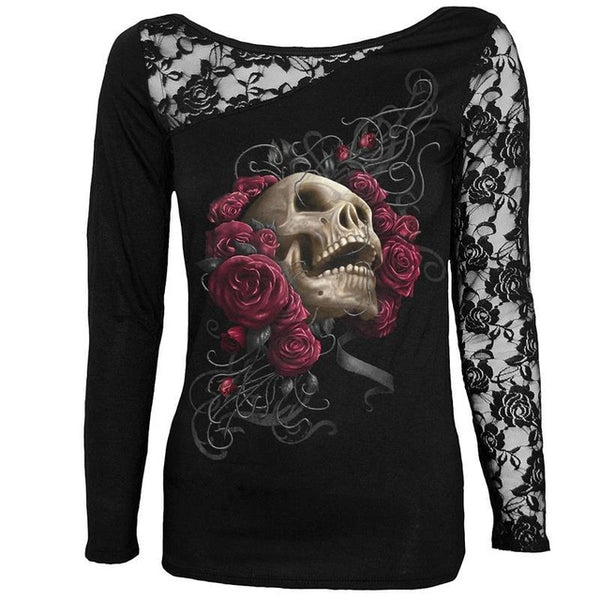 Skull in Red Roses Long Sleeve T-Shirt