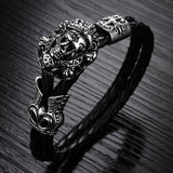 Stainless Steel Black Leather Skull Bracelet