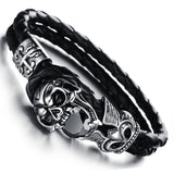 Stainless Steel Black Leather Skull Bracelet