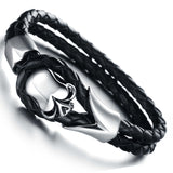 Stainless Steel Black Leather Skull Bracelet