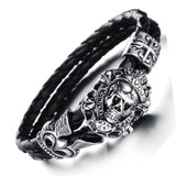 Stainless Steel Black Leather Skull Bracelet