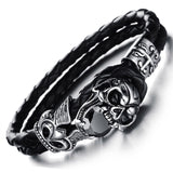 Stainless Steel Black Leather Skull Bracelet