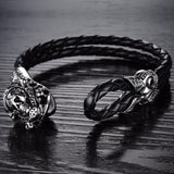 Stainless Steel Black Leather Skull Bracelet