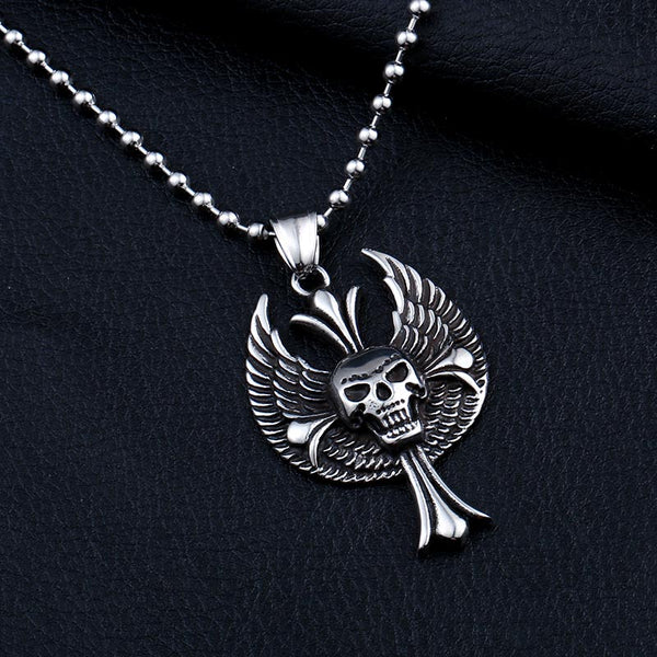 Stainless Steel Winged Skull Cross Pendant