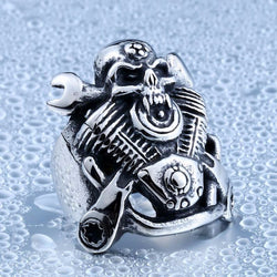 Stainless Steel Winged Motorcycle Skull Ring