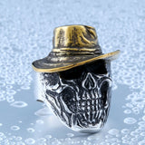 Stainless Steel Winged Plated-Gold Hat Skull Ring