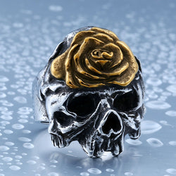 Stainless Steel Winged Flower On Skull Ring