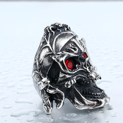 Stainless Steel Heavy Metal Skull with Red Eyes Ring