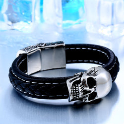 Stainless Steel One Skull Leather Bracelet