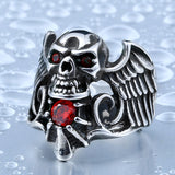 Stainless Steel Winged Skull With Red Stone