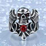 Stainless Steel Winged Skull With Red Stone