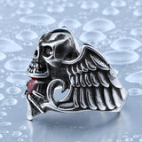 Stainless Steel Winged Skull With Red Stone