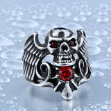 Stainless Steel Winged Skull With Red Stone