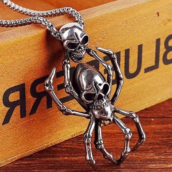 Stainless Steel Double Skull and Spider Necklace